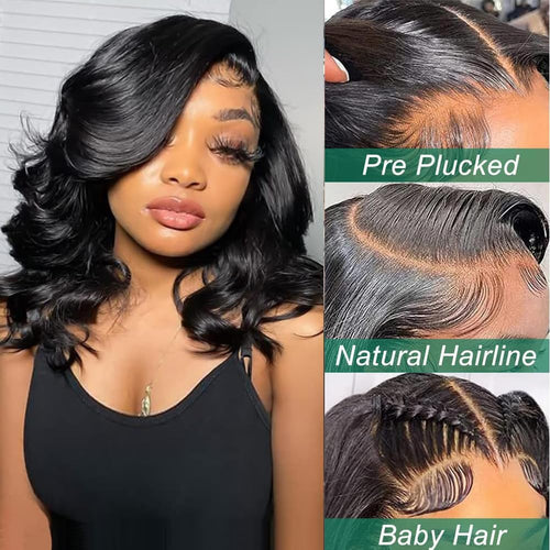 Bob Wig Human Hair 13X4 Lace Front Wigs Human Hair Pre Plucked Body Wave 180% Density 14 Inch HD Lace Frontal Short Glueless Wigs for Women (14 Inch, Natural Black)