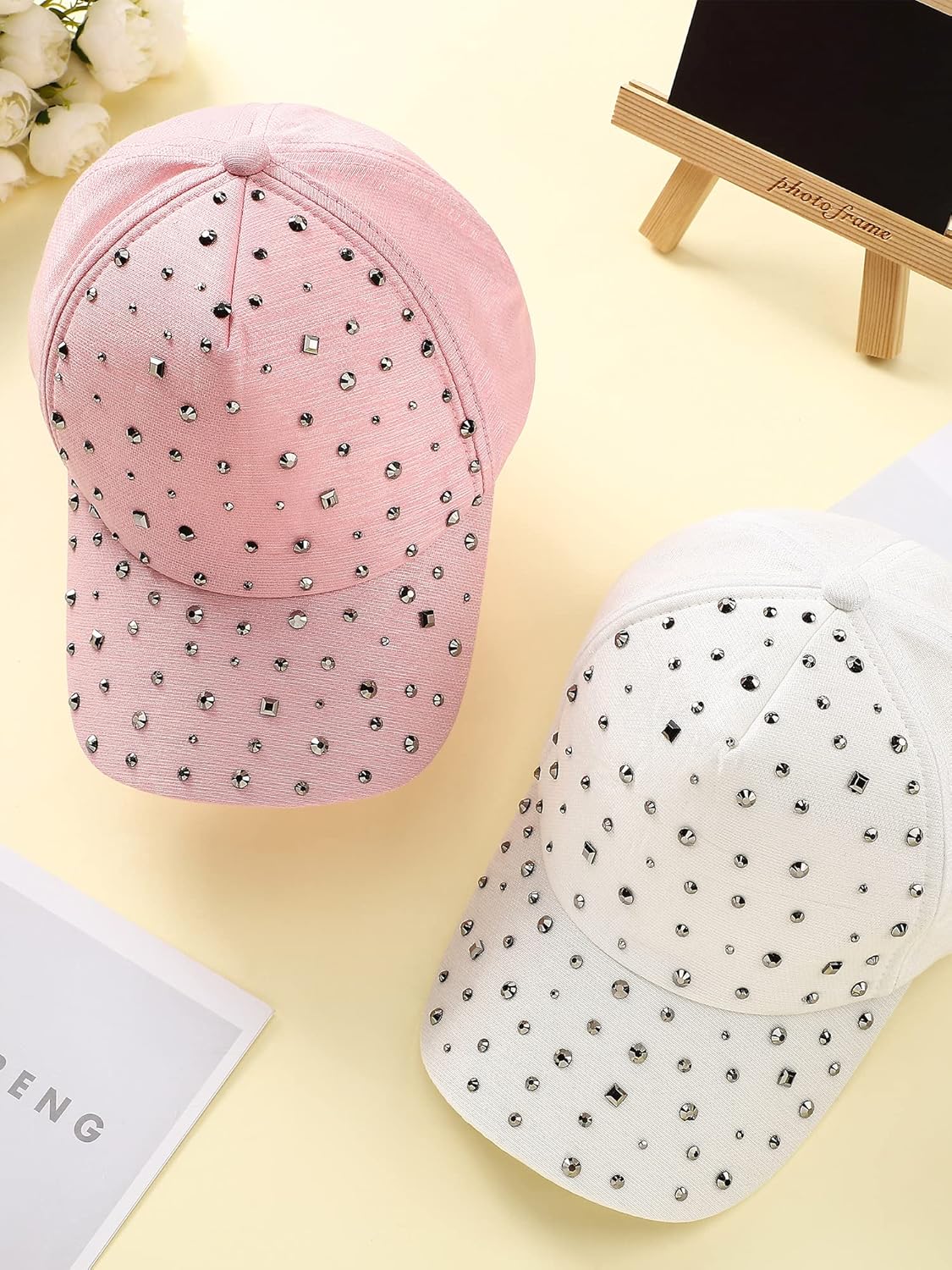 2 Pcs Adjustable Breathable Rhinestone Baseball Cap for Women Men Sequins Casual Sports Cap Rhinestone Hat