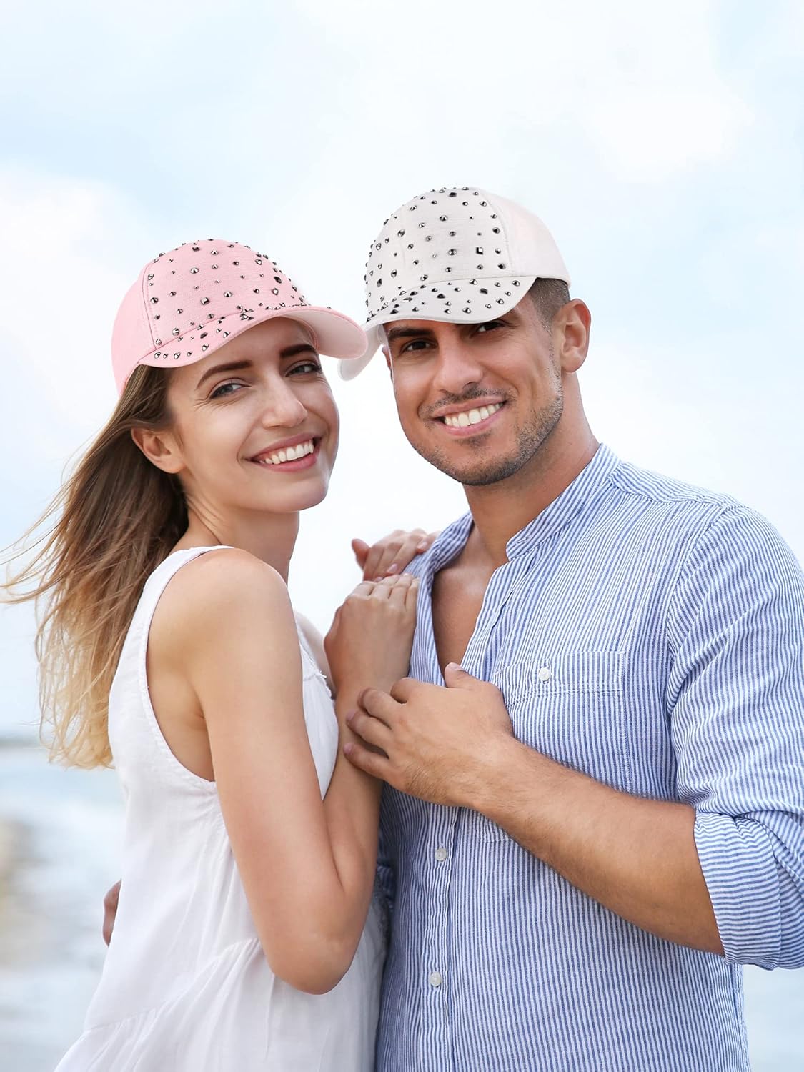 2 Pcs Adjustable Breathable Rhinestone Baseball Cap for Women Men Sequins Casual Sports Cap Rhinestone Hat