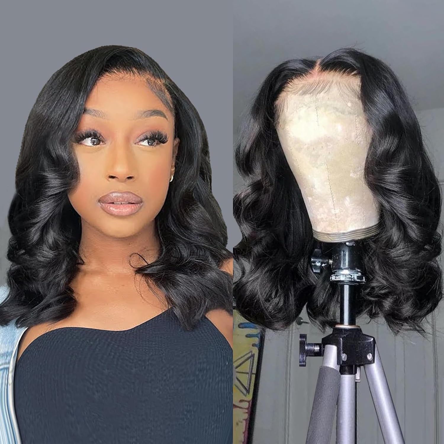 Bob Wig Human Hair 13X4 Lace Front Wigs Human Hair Pre Plucked Body Wave 180% Density 14 Inch HD Lace Frontal Short Glueless Wigs for Women (14 Inch, Natural Black)