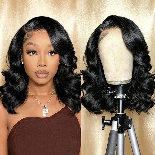 Bob Wig Human Hair 13X4 Lace Front Wigs Human Hair Pre Plucked Body Wave 180% Density 14 Inch HD Lace Frontal Short Glueless Wigs for Women (14 Inch, Natural Black)