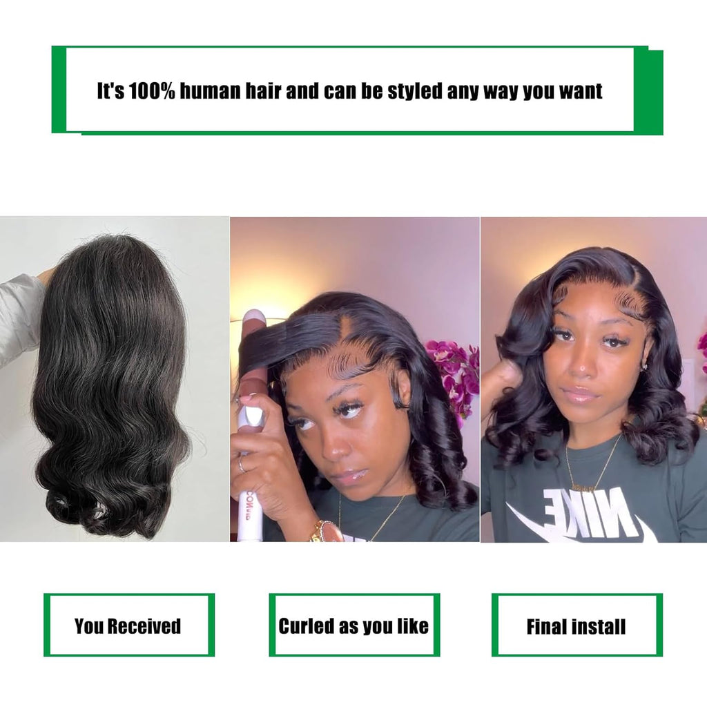 Bob Wig Human Hair 13X4 Lace Front Wigs Human Hair Pre Plucked Body Wave 180% Density 14 Inch HD Lace Frontal Short Glueless Wigs for Women (14 Inch, Natural Black)